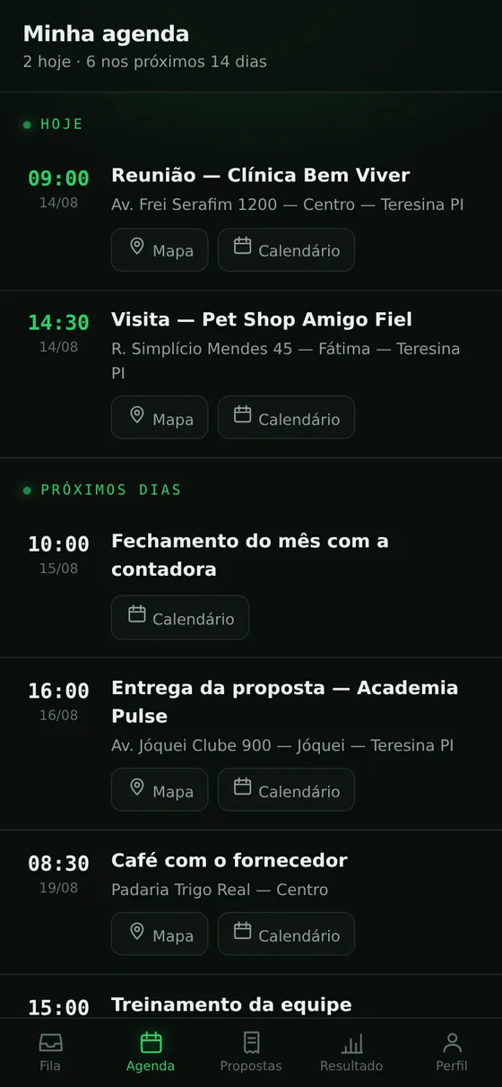 Agenda do vendedor dentro do app do time