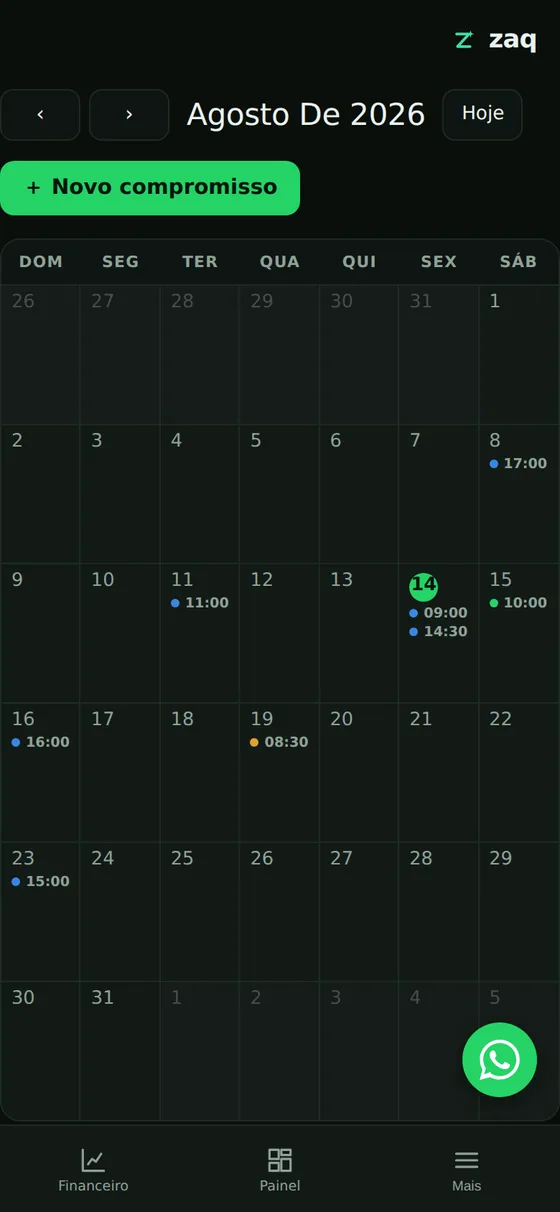 Calendário do mês com os compromissos